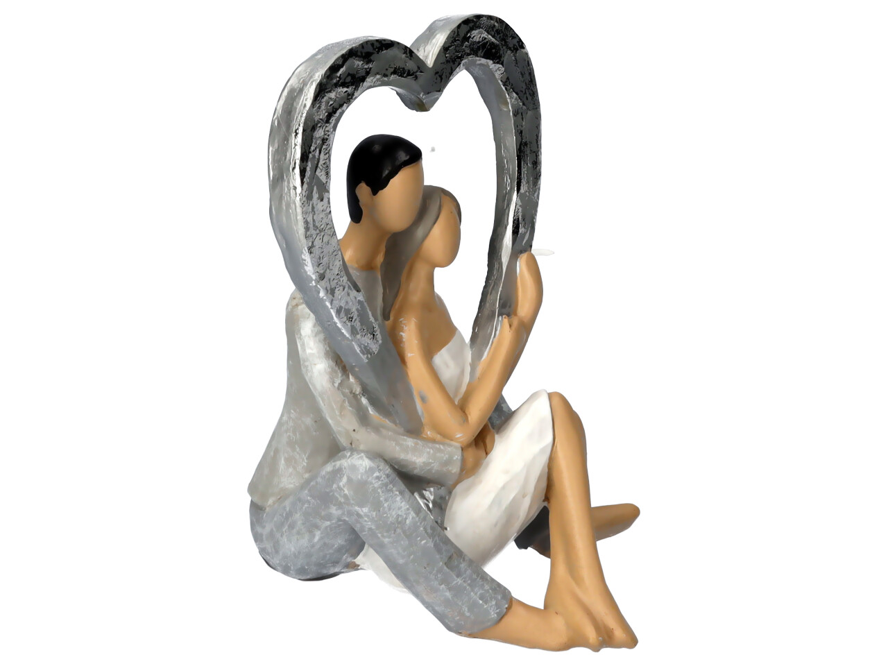 Liebespaar Figur sitzend halten ein silber Herz das Oberkörper umrandet Vorderansicht